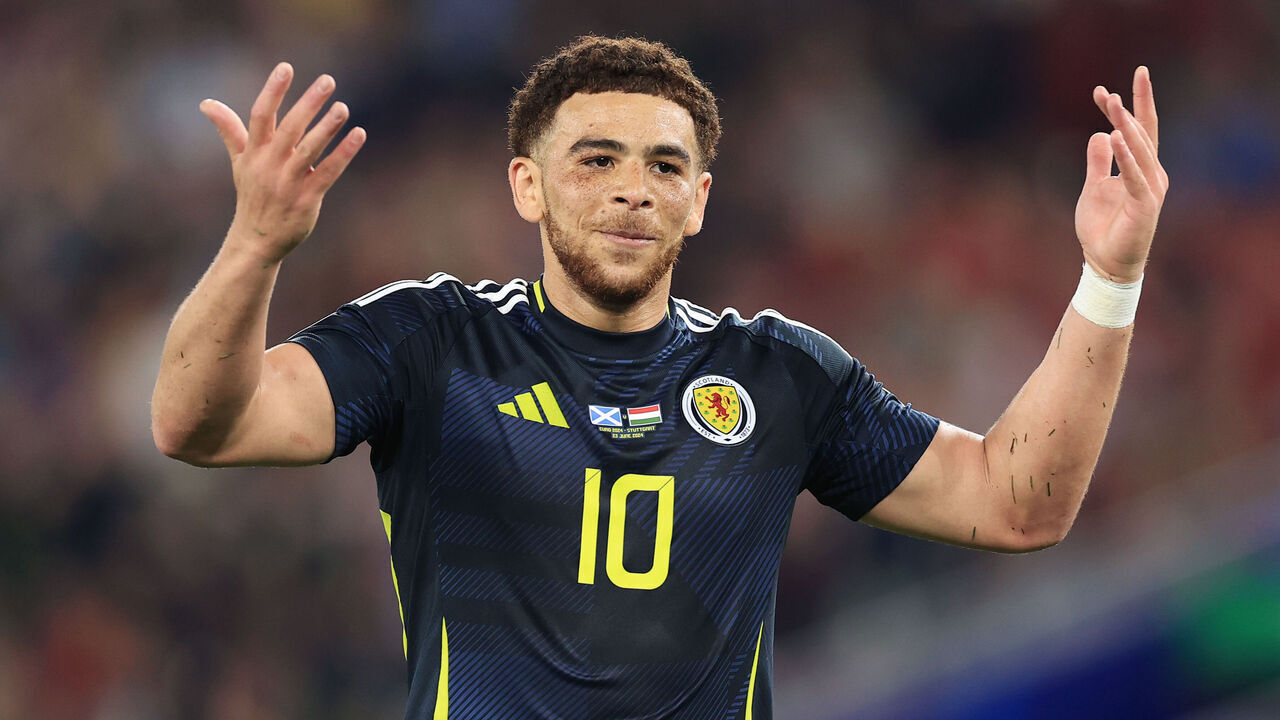 STUTTGART, GERMANY - JUNE 23: Che Adams of Scotland gestures during the UEFA EURO 2024 group stage match between Scotland and Hungary at Stuttgart Arena on June 23, 2024 in Stuttgart, Germany.