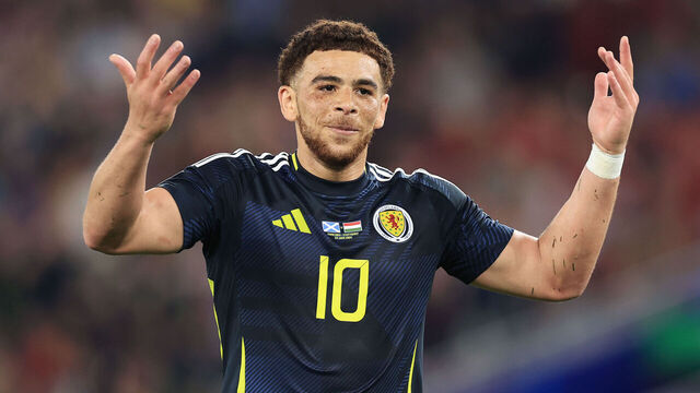 STUTTGART, GERMANY - JUNE 23: Che Adams of Scotland gestures during the UEFA EURO 2024 group stage match between Scotland and Hungary at Stuttgart Arena on June 23, 2024 in Stuttgart, Germany.
