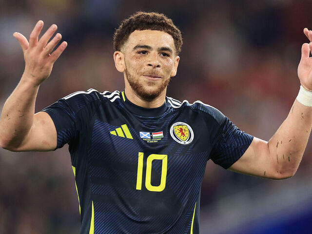 STUTTGART, GERMANY - JUNE 23: Che Adams of Scotland gestures during the UEFA EURO 2024 group stage match between Scotland and Hungary at Stuttgart Arena on June 23, 2024 in Stuttgart, Germany.