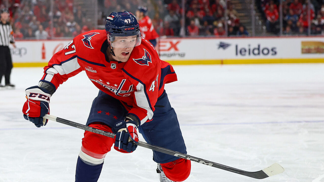 WASHINGTON, DC - MARCH 24: Beck Malenstyn #47 of the Washington Capitals races to a loose puck during a game against the Winnipeg Jets at Capital One Arena on March 24, 2024 in Washington, D.C.
