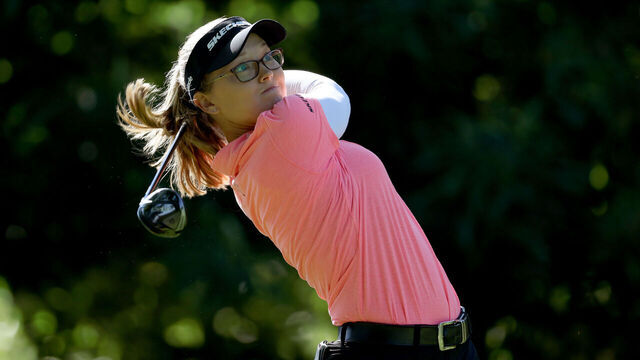 EVIAN-LES-BAINS, FRANCE - JULY 14: Brooke M. Henderson of Canada tees off on the third hole during the final round of the Amundi Evian Championship at Evian Resort Golf Club on July 14, 2024 in Evian-les-Bains, France.