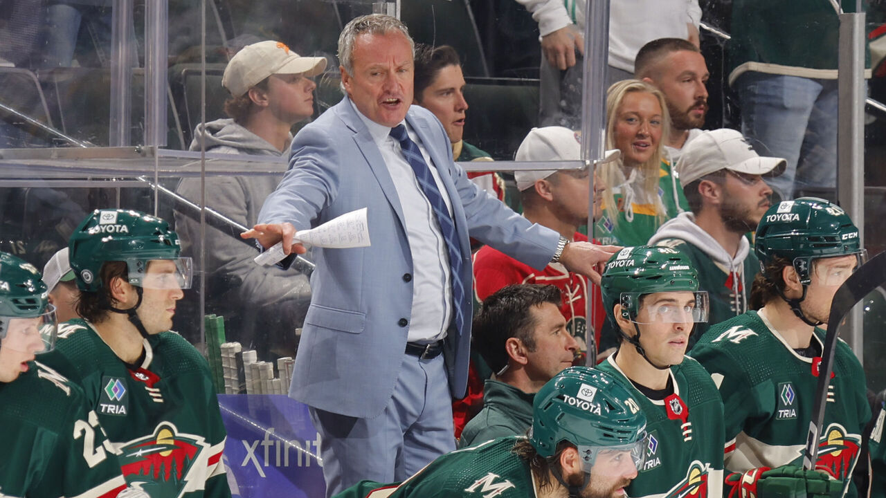 SAINT PAUL, MN - NOVEMBER 2: Minnesota Wild head coach Dean Evason instructs his team against the New Jersey Devils during the game at the Xcel Energy Center on November 2, 2023 in Saint Paul, Minnesota.