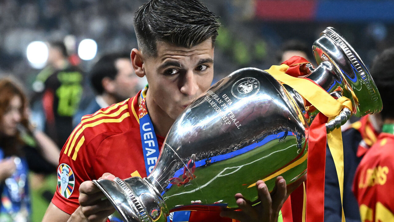 BERLIN, GERMANY - JULY 14: Alvaro Morata of Spain celebrate at the end of the UEFA EURO 2024 final match between Spain and England at Olympiastadion on July 14, 2024 in Berlin, Germany.