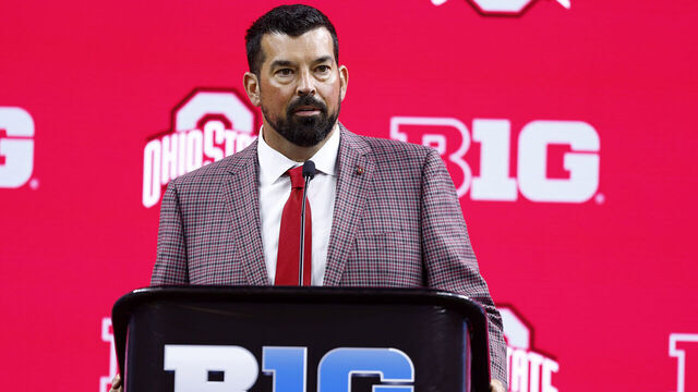 INDIANAPOLIS, IN - JULY 23: Ohio State Buckeyes Head Coach Ryan Day speaks during the 2024 Big Ten Football Media Days on July 23, 2024 at Lucas Oil Stadium in Indianapolis, IN.