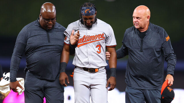 MIAMI, FLORIDA - JULY 23: Jorge Mateo #3 of the Baltimore Orioles leaves the game with an injury during the third inning of the game against the Miami Marlins at loanDepot park on July 23, 2024 in Miami, Florida.