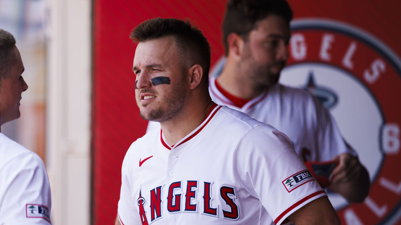 ANAHEIM, CALIFORNIA - APRIL 24: Mike Trout #27 of the Los Angeles Angels in the dugout during a MLB baseball game against the Baltimore Orioles at Angel Stadium of Anaheim on April 24, 2024 in Anaheim, California.
