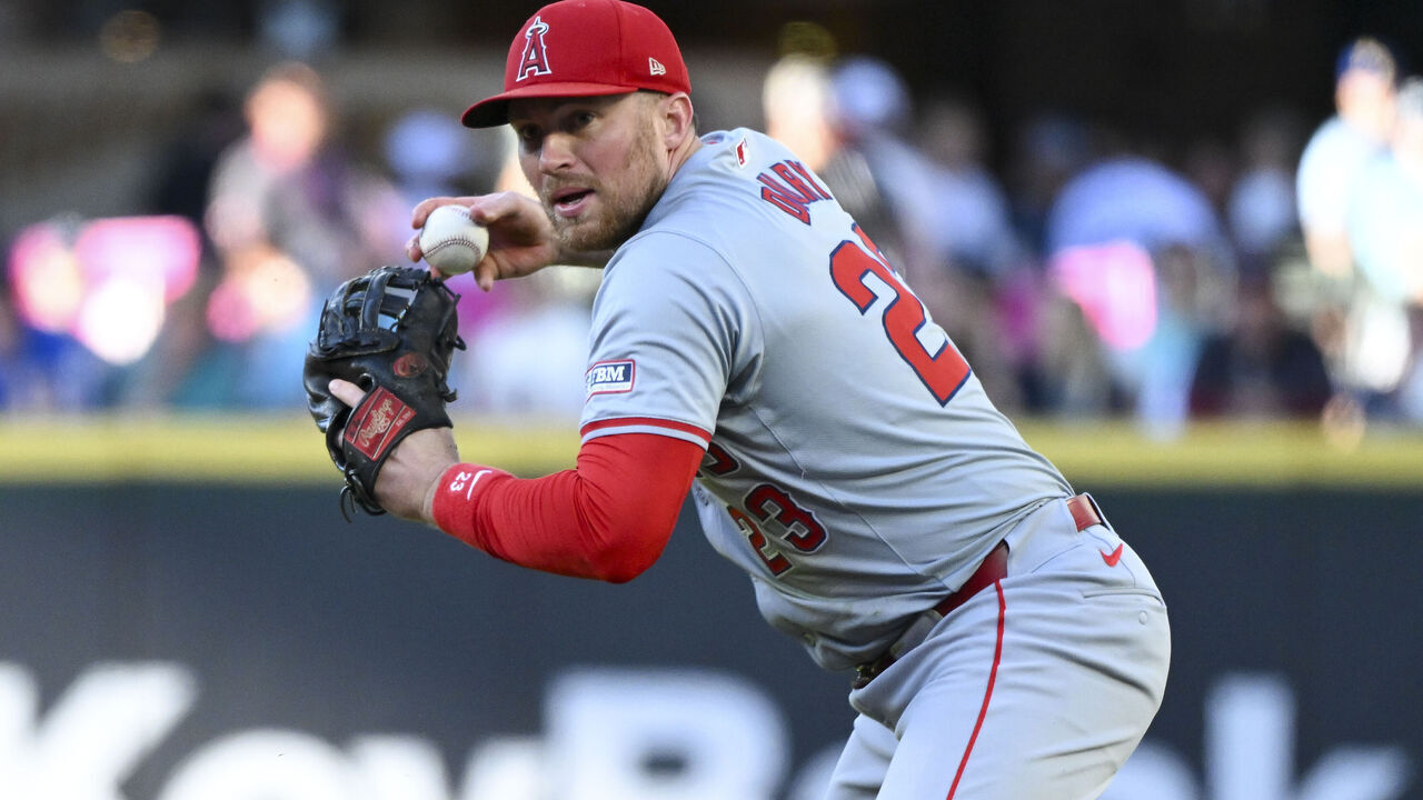 SEATTLE, WASHINGTON - JULY 23: Brandon Drury #23 of the Los Angeles Angels makes a to first base during the first inning against the Seattle Mariners at T-Mobile Park on July 23, 2024 in Seattle, Washington.