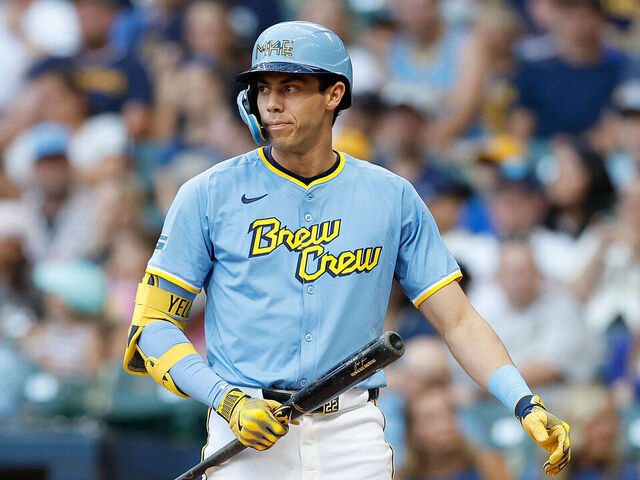 MILWAUKEE, WISCONSIN - JULY 12: Christian Yelich #22 of the Milwaukee Brewers up to bat against the Washington Nationals at American Family Field on July 12, 2024 in Milwaukee, Wisconsin.