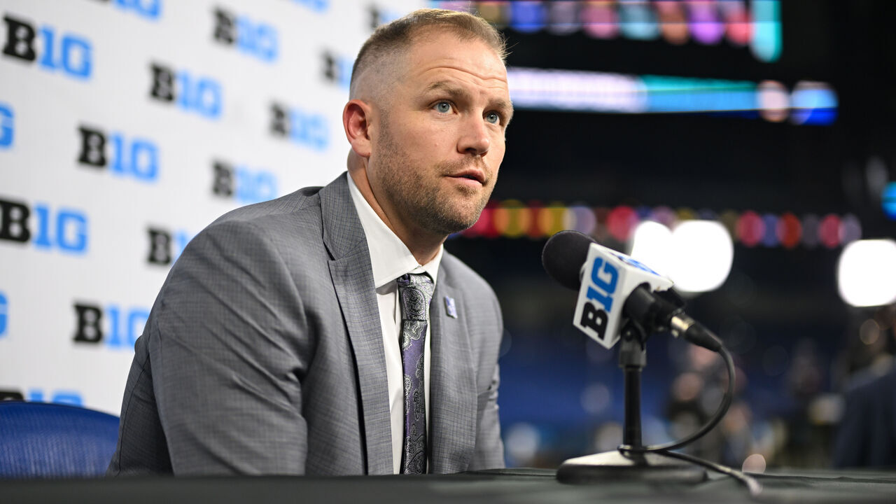 INDIANAPOLIS, IN - JULY 23: Northwestern Wildcats Head Coach David Braun speaks during the 2024 Big Ten Media Days on July 23, 2024 at Lucas Oil Stadium in Indianapolis, IN.