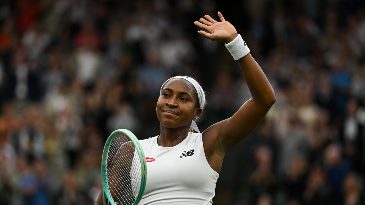 LONDON, ENGLAND - JULY 05: Coco Gauff of the United States reacts after beating Sonay Kartal of Great Britain in the Ladies's third round match during day five of The Championships Wimbledon 2024 at All England Lawn Tennis and Croquet Club on July 05, 2024 in London, England.