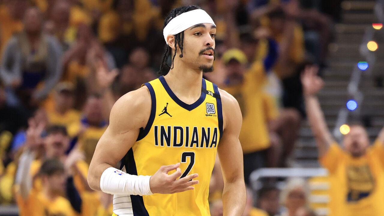 INDIANAPOLIS, INDIANA - MAY 27: Andrew Nembhard #2 of the Indiana Pacers reacts after a three point shot during the second quarter in Game Four of the Eastern Conference Finals at Gainbridge Fieldhouse on May 27, 2024 in Indianapolis, Indiana.