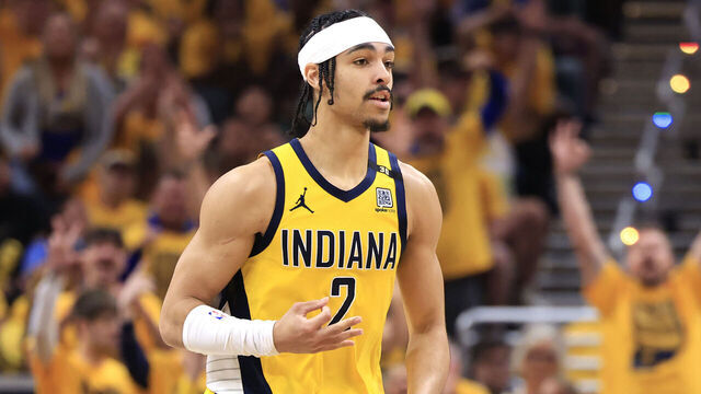INDIANAPOLIS, INDIANA - MAY 27: Andrew Nembhard #2 of the Indiana Pacers reacts after a three point shot during the second quarter in Game Four of the Eastern Conference Finals at Gainbridge Fieldhouse on May 27, 2024 in Indianapolis, Indiana.