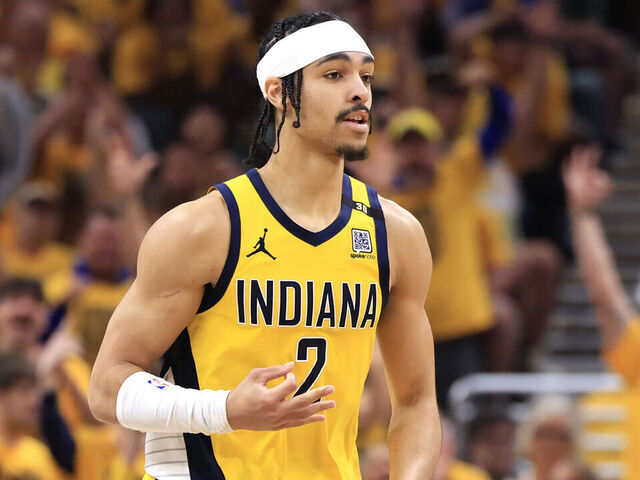 INDIANAPOLIS, INDIANA - MAY 27: Andrew Nembhard #2 of the Indiana Pacers reacts after a three point shot during the second quarter in Game Four of the Eastern Conference Finals at Gainbridge Fieldhouse on May 27, 2024 in Indianapolis, Indiana.
