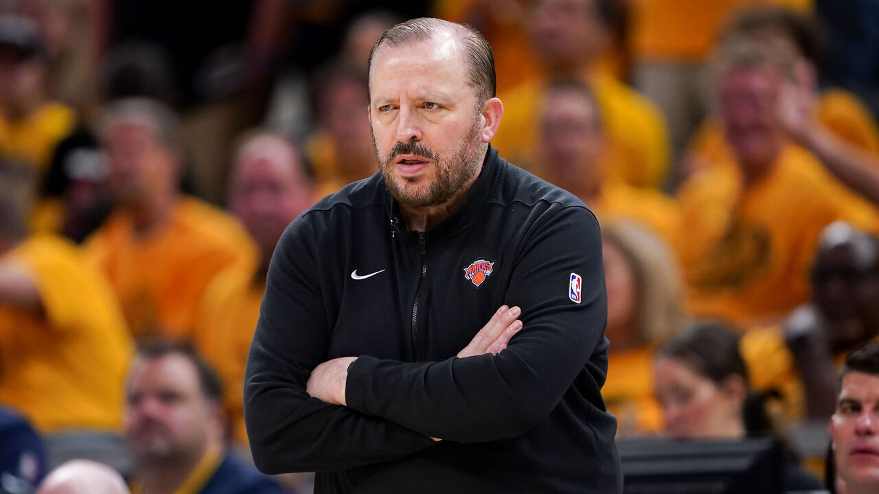 INDIANAPOLIS, INDIANA - MAY 17: Head coach Tom Thibodeau of the New York Knicks looks on in the fourth quarter against the Indiana Pacers at Gainbridge Fieldhouse on May 17, 2024 in Indianapolis, Indiana.