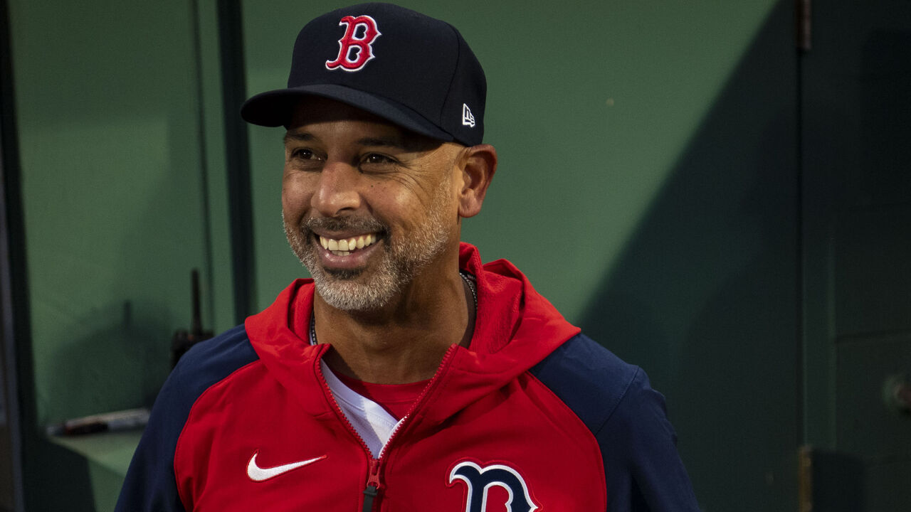 BOSTON, MA - APRIL 28: Manager Alex Cora of the Boston Red Sox reacts before a game against the Chicago Cubs on April 28, 2024 at Fenway Park in Boston, Massachusetts.