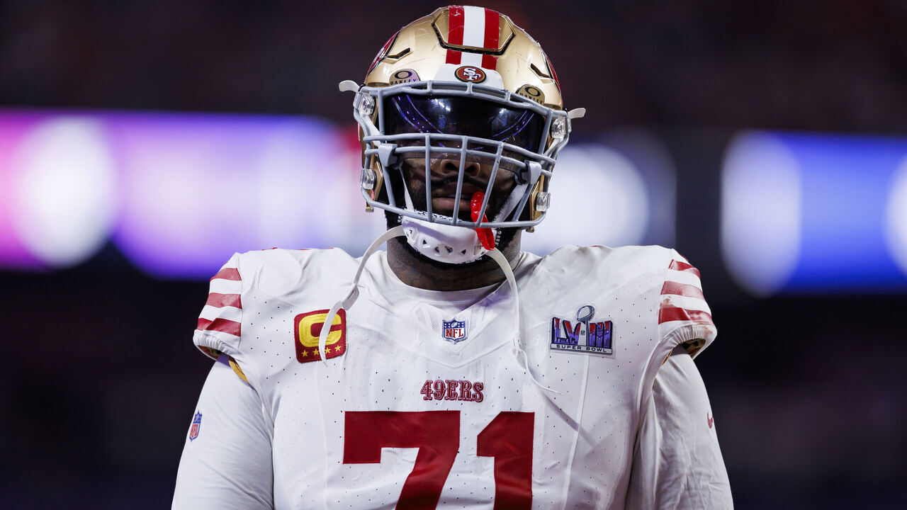 LAS VEGAS, NEVADA - FEBRUARY 11: Trent Williams #71 of the San Francisco 49ers walks off the field during Super Bowl LVIII against the Kansas City Chiefs at Allegiant Stadium on February 11, 2024 in Las Vegas, Nevada.