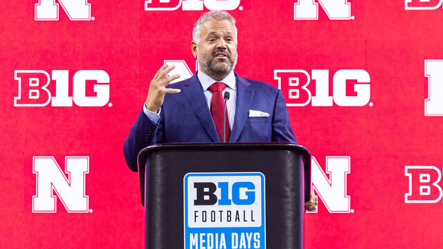 INDIANAPOLIS, INDIANA - JULY 24: Head coach Matt Rhule of the Nebraska Cornhuskers speaks to the media during Big Ten football media days at Lucas Oil Stadium on July 24, 2024 in Indianapolis, Indiana.