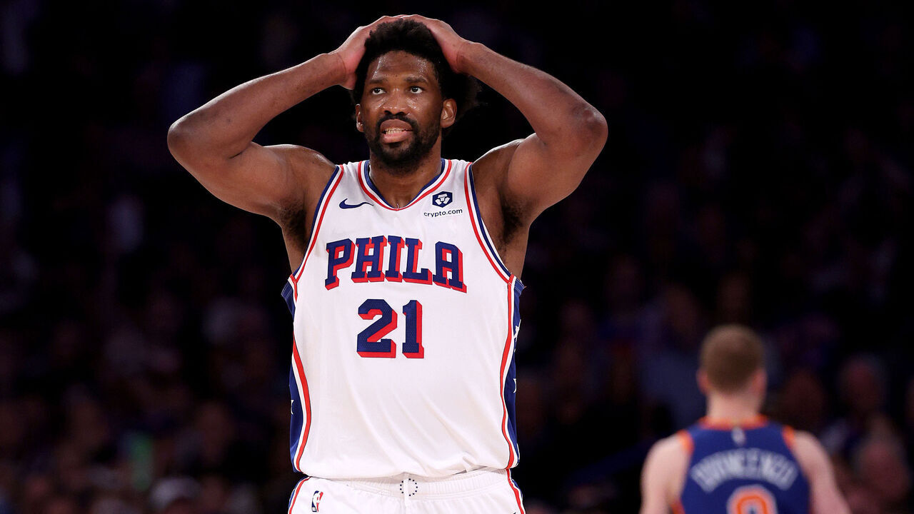 NEW YORK, NEW YORK - APRIL 30: Joel Embiid #21 of the Philadelphia 76ers reacts after he turned the ball over to the New York Knicks during the second half at Madison Square Garden on April 30, 2024 in New York City. The Philadelphia 76ers defeated the New York Knicks 112-106 in overtime.
