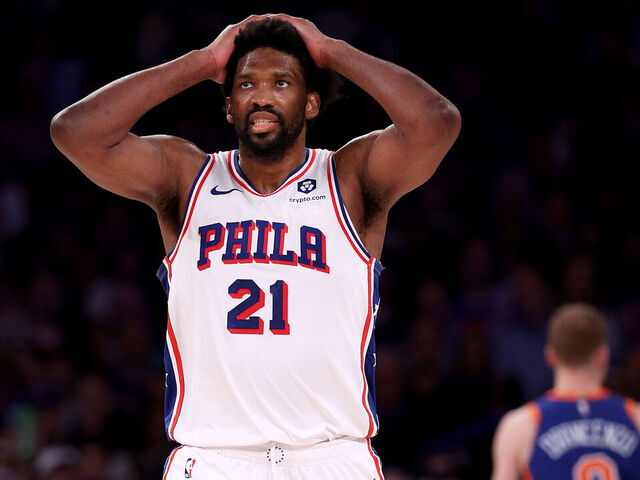 NEW YORK, NEW YORK - APRIL 30: Joel Embiid #21 of the Philadelphia 76ers reacts after he turned the ball over to the New York Knicks during the second half at Madison Square Garden on April 30, 2024 in New York City. The Philadelphia 76ers defeated the New York Knicks 112-106 in overtime.