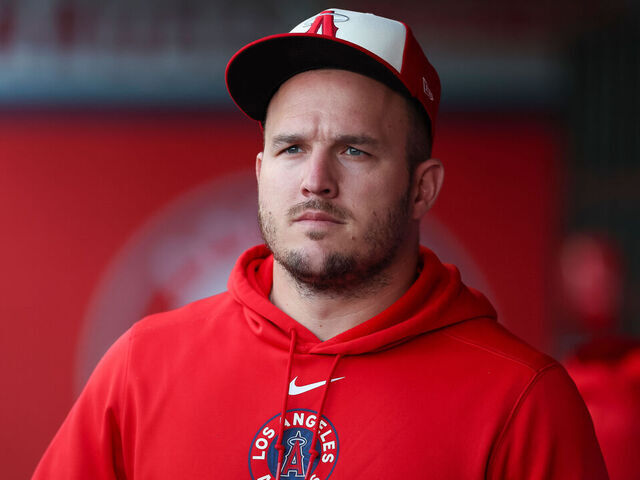 ANAHEIM, CALIFORNIA - JUNE 5: Mike Trout #27 of the Los Angeles Angels looks on in the dugout prior to a game against the San Diego Padres at Angel Stadium of Anaheim on June 5, 2024 in Anaheim, California.