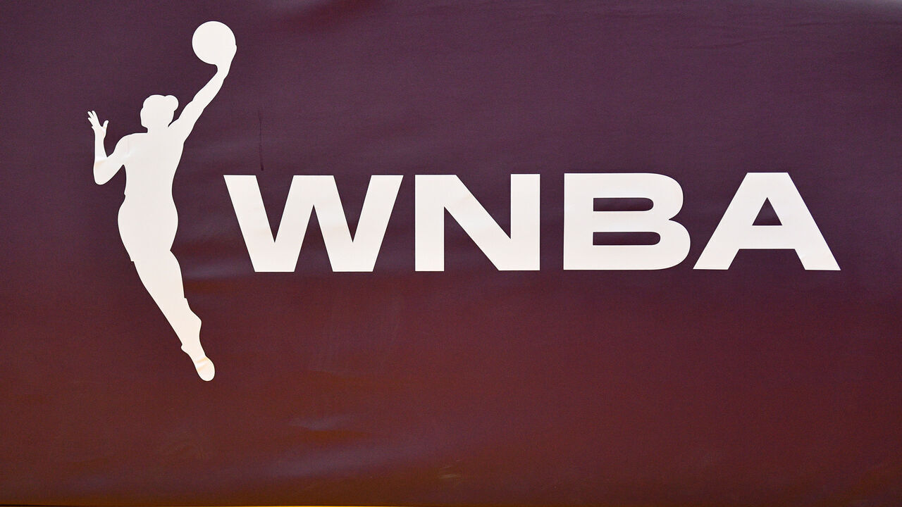 LOS ANGELES, CA - MAY 24: The WNBA logo on the basket during the WNBA basketball game between the Indiana Fever and the Los Angeles Sparks on May 24, 2024, at Crypto.com Arena in Los Angeles, CA.