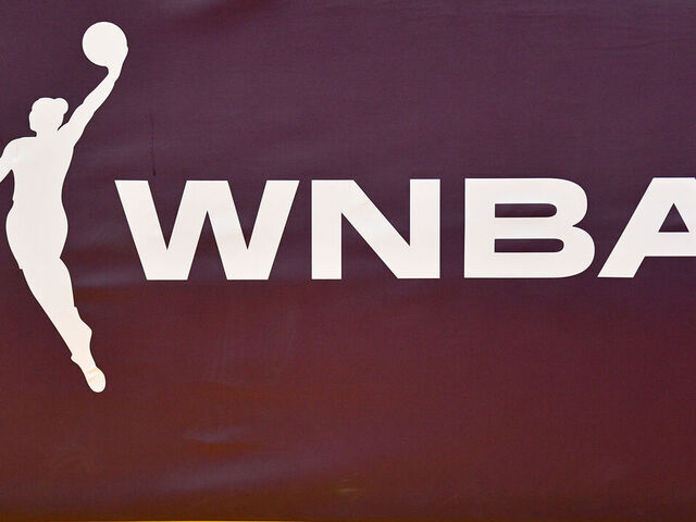 LOS ANGELES, CA - MAY 24: The WNBA logo on the basket during the WNBA basketball game between the Indiana Fever and the Los Angeles Sparks on May 24, 2024, at Crypto.com Arena in Los Angeles, CA.