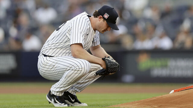 NEW YORK, NEW YORK - JULY 19: Gerrit Cole #45 of the New York Yankees in action against the Tampa Bay Rays at Yankee Stadium on July 19, 2024 in New York City. The Yankees defeated the Rays 6-1.