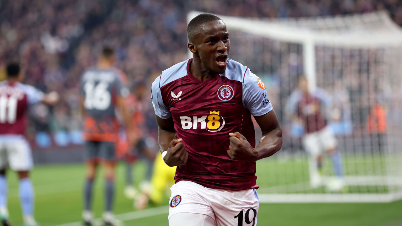 BIRMINGHAM, ENGLAND - MAY 02: Moussa Diaby of Aston Villa celebrates his goal for Aston Villa during the UEFA Europa Conference League 2023/24 Semi-Final first leg match between Aston Villa and Olympiacos FC at Villa Park on May 02, 2024 in Birmingham, England.