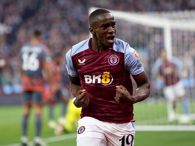 BIRMINGHAM, ENGLAND - MAY 02: Moussa Diaby of Aston Villa celebrates his goal for Aston Villa during the UEFA Europa Conference League 2023/24 Semi-Final first leg match between Aston Villa and Olympiacos FC at Villa Park on May 02, 2024 in Birmingham, England.