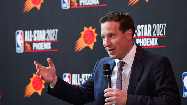 PHOENIX, AZ - MARCH 7: Mat Ishbia speaks during a press conference announcing Phoenix as the host of the NBA All-Star 2027 on March 7, 2024 at Footprint Center in Phoenix, Arizona. Mandatory Copyright Notice: Copyright 2024 NBAE