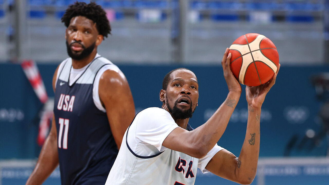 LILLE, FRANCE - JULY 24: Kevin Durant of Team United States takes a shot during the Basketball training session ahead of the Paris 2024 Olympic Games on July 24, 2024 in Lille, France.
