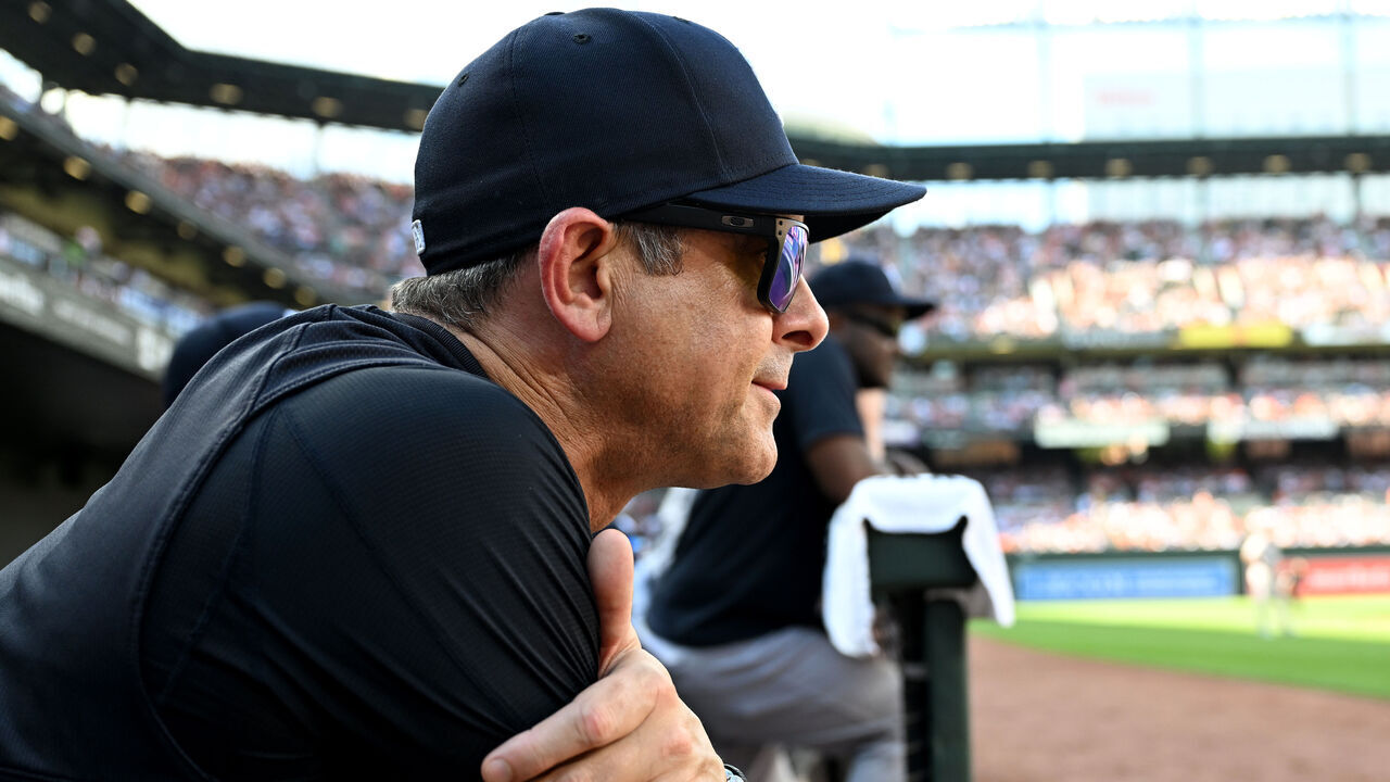 BALTIMORE, MARYLAND - JULY 13: Manager Aaron Boone #17 of the New York Yankees watches the game against the Baltimore Orioles at Oriole Park at Camden Yards on July 13, 2024 in Baltimore, Maryland.
