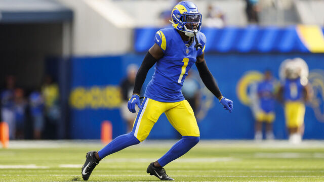 INGLEWOOD, CALIFORNIA - OCTOBER 15: Derion Kendrick #1 of the Los Angeles Rams defends in coverage during an NFL football game against the Arizona Cardinals at SoFi Stadium on October 15, 2023 in Inglewood, California.