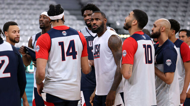 US forward LeBron James (C) and teammates take part in a training session at the Pierre-Mauroy stadium in Villeneuve-d'Ascq, northern France, on July 24, 2024, ahead of the Paris 2024 Olympic games.