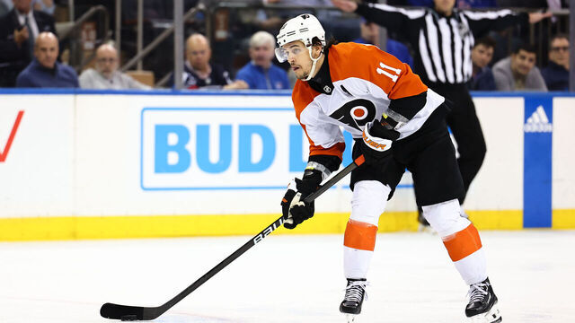 NEW YORK, NY - MARCH 26: Travis Konecny #11 of the Philadelphia Flyers skates during the third period of the game against the New York Rangers at Madison Square Garden on March 26, 2024 in New York, New York.