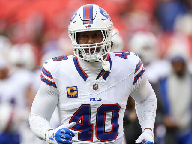 KANSAS CITY, MISSOURI - DECEMBER 10: Von Miller #40 of the Buffalo Bills reacts during the first half of the game against the Kansas City Chiefs at GEHA Field at Arrowhead Stadium on December 10, 2023 in Kansas City, Missouri.