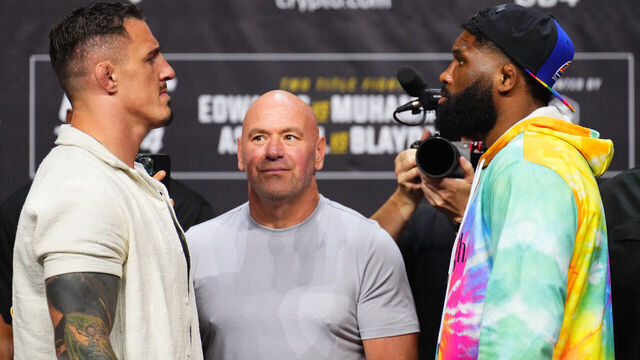 MANCHESTER, ENGLAND - JULY 25: (L-R) Opponents Tom Aspinall of England and Curtis Blaydes face off during the UFC 304 press conference at Co-op Live on July 25, 2024 in Manchester, England.