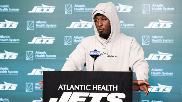 FLORHAM PARK, NEW JERSEY - JUNE 11: Breece Hall #20 of the New York Jets speaks to the media during New York Jets Mandatory Minicamp at Atlantic Health Jets Training Center on June 11, 2024 in Florham Park, New Jersey.