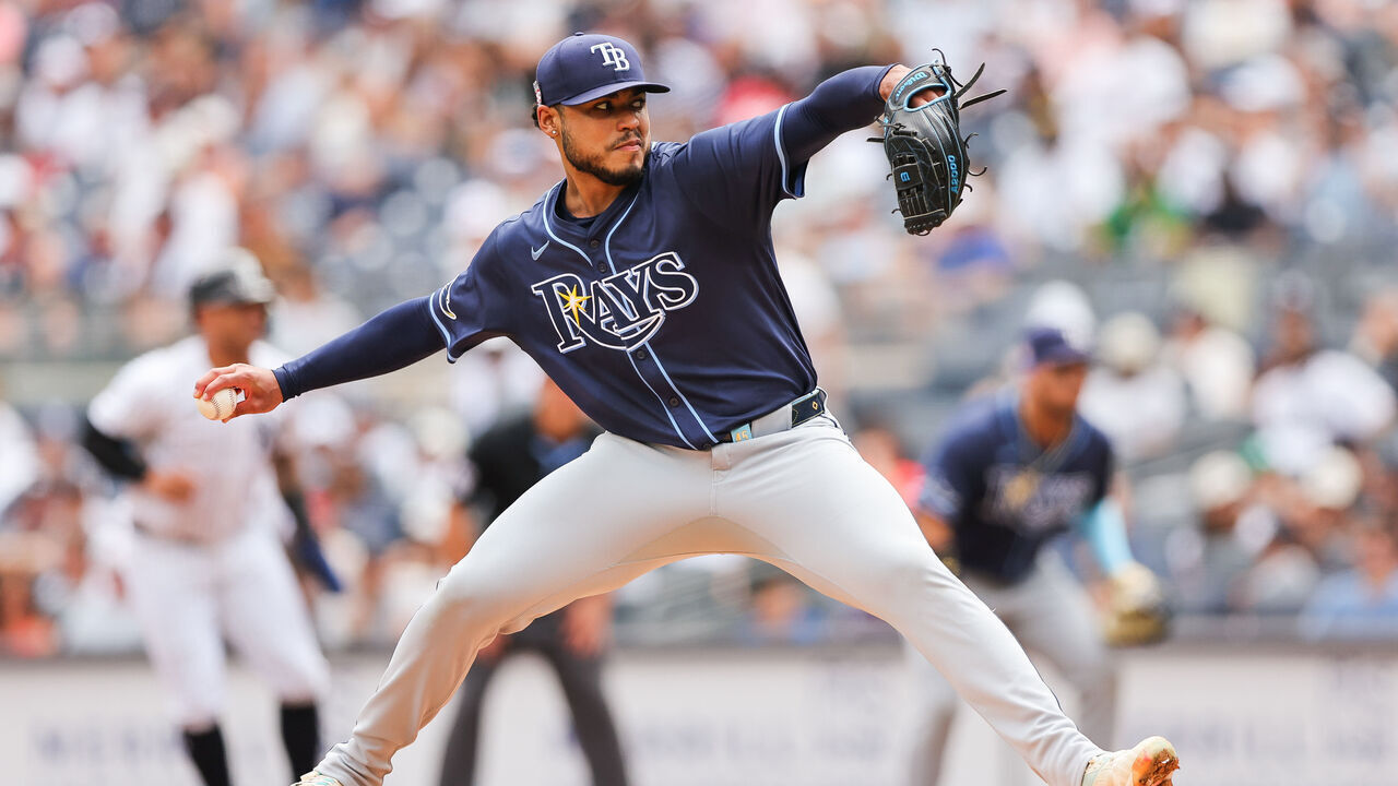 BRONX, NY - JULY 20: Tampa Bay Rays pitcher Taj Bradley (45) pitches the ball during a game between the Tampa Bay Rays and the New York Yankees on July 20, 2024 at Yankee Stadium in the Bronx, New York.