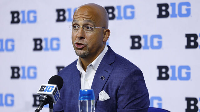 INDIANAPOLIS, IN - JULY 24: Penn State Nittany Lions Head Coach James Franklin speaks during the 2024 Big Ten Football Media Days on July 24, 2024 at Lucas Oil Stadium in Indianapolis, IN.