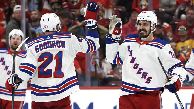 SUNRISE, FLORIDA - MAY 26: Chris Kreider #20 and Barclay Goodrow #21 of the New York Rangers celebrate after defeating the Florida Panthers in overtime during Game Three of the Eastern Conference Final of the 2024 Stanley Cup Playoffs at Amerant Bank Arena on May 26, 2024 in Sunrise, Florida.