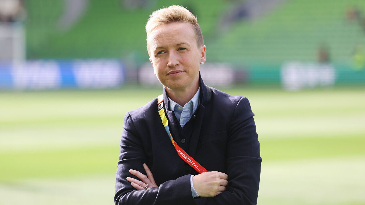 MELBOURNE, AUSTRALIA - JULY 21: Bev Priestman, Head Coach of Canada, inspects the pitch prior to the FIFA Women's World Cup Australia & New Zealand 2023 Group B match between Nigeria and Canada at Melbourne Rectangular Stadium on July 21, 2023 in Melbourne / Naarm, Australia.