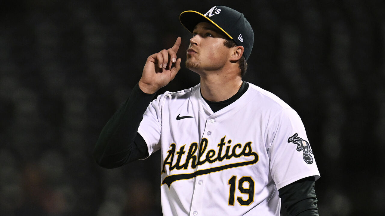 OAKLAND, CALIFORNIA - JUNE 19: Mason Miller #19 of the Oakland Athletics celebrates his game-winning strike out against the Kansas City Royals in the ninth inning at Oakland Coliseum on June 19, 2024 in Oakland, California.