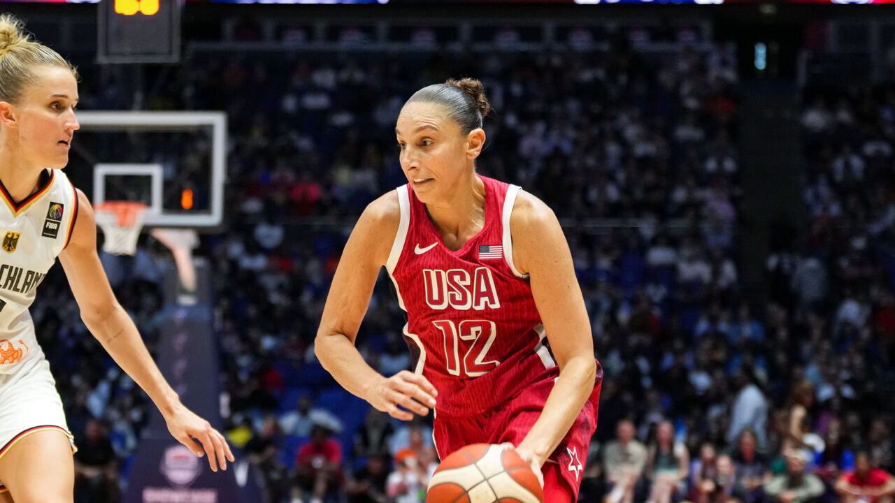 LONDON, ENGLAND - JULY 23: Diana Taurasi #12 of the USA Women's National Team dribbles the ball during the game between Team USA and Team Germany as part of the 2024 USA Basketball Showcase on July 23, 2024 in London, England at O2 Arena. NOTE TO USER: User expressly acknowledges and agrees that, by downloading and/or using this photograph, user is consenting to the terms and conditions of the Getty Images License Agreement. Mandatory Copyright Notice: Copyright 2024 NBAE