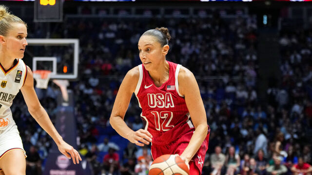 LONDON, ENGLAND - JULY 23: Diana Taurasi #12 of the USA Women's National Team dribbles the ball during the game between Team USA and Team Germany as part of the 2024 USA Basketball Showcase on July 23, 2024 in London, England at O2 Arena. NOTE TO USER: User expressly acknowledges and agrees that, by downloading and/or using this photograph, user is consenting to the terms and conditions of the Getty Images License Agreement. Mandatory Copyright Notice: Copyright 2024 NBAE