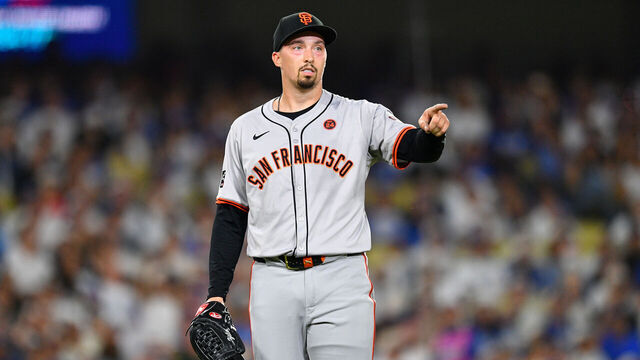 LOS ANGELES, CA - JULY 22: San Francisco Giants pitcher Blake Snell (7) looks on during the MLB game between the San Francisco Giants and the Los Angeles Dodgers on July 22, 2024 at Dodger Stadium in Los Angeles, CA.
