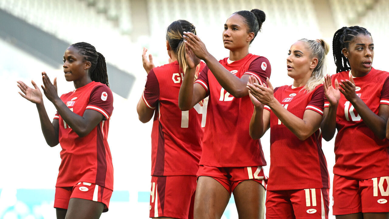 SAINT-ETIENNE, FRANCE - JULY 25: Players of Team Canada acknowledge the fans after the Women's group A match between Canada and New Zealand during the Olympic Games Paris 2024 at Stade Geoffroy-Guichard on July 25, 2024 in Saint-Etienne, France.