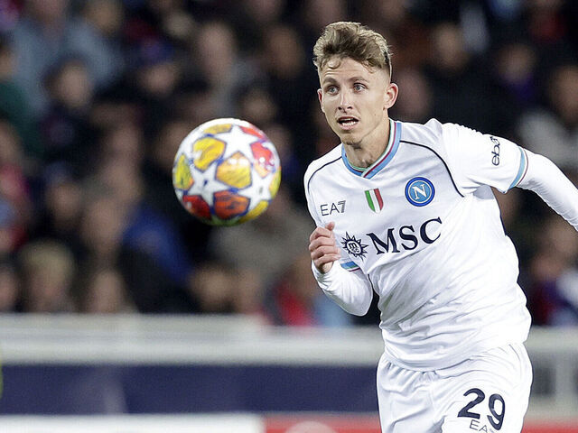 BARCELONA, SPAIN - MARCH 12: Jesper Lindstrom of SSC Napoli during the UEFA Champions League match between FC Barcelona v Napoli at the Lluis Companys Olympic Stadium on March 12, 2024 in Barcelona Spain