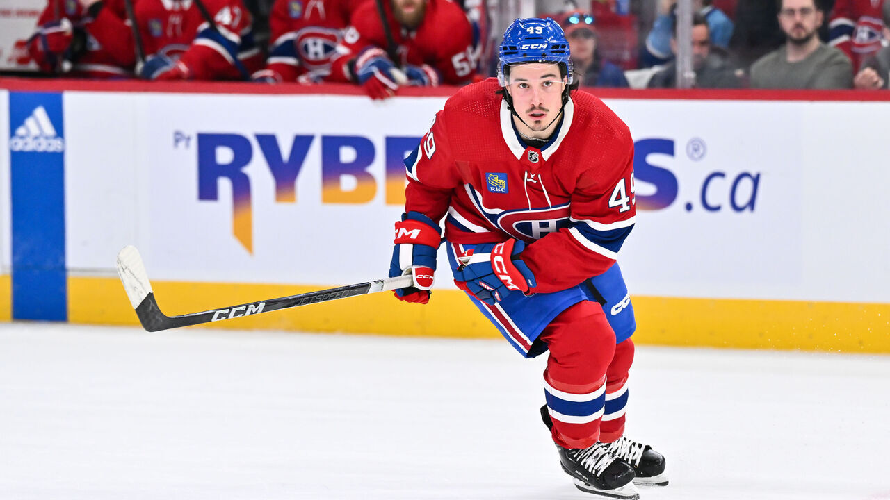 MONTREAL, CANADA - APRIL 16: Rafael Harvey-Pinard #49 of the Montreal Canadiens skates during the first period against the Detroit Red Wings at the Bell Centre on April 16, 2024 in Montreal, Quebec, Canada. The Detroit Red Wings defeated the Montreal Canadiens 5-4 in a shootout.
