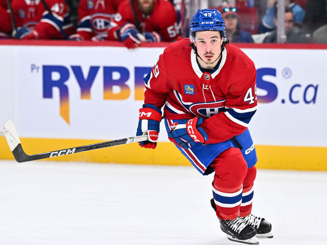 MONTREAL, CANADA - APRIL 16: Rafael Harvey-Pinard #49 of the Montreal Canadiens skates during the first period against the Detroit Red Wings at the Bell Centre on April 16, 2024 in Montreal, Quebec, Canada. The Detroit Red Wings defeated the Montreal Canadiens 5-4 in a shootout.